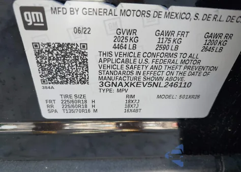2022 Chevrolet Equinox Fwd Lt z USA, uszkodzony, nr VIN 3GNAXKEV5NL246110